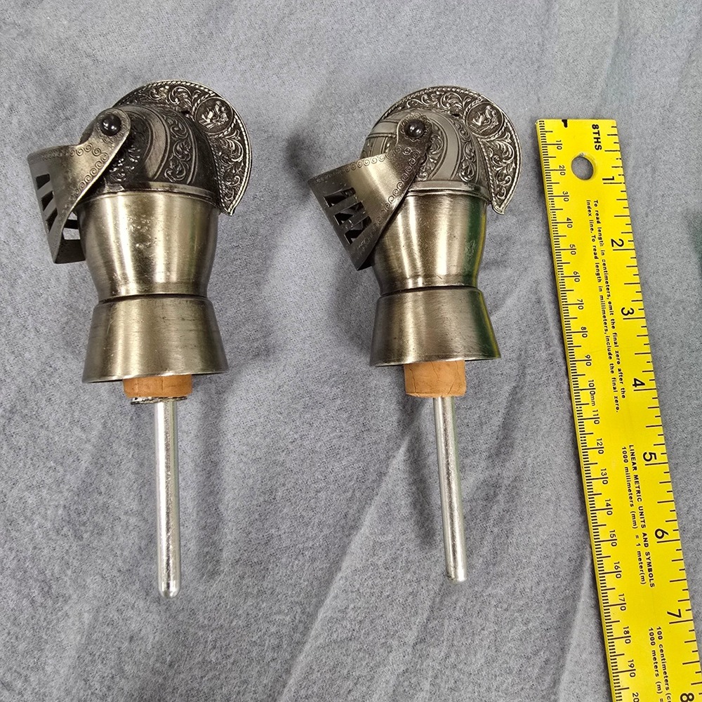 Vintage Knight Helmet Liquor Pour Set of 2 Antique Silver Metal Barware Novelty